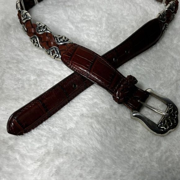 Vintage 1996 Brighton Brown Embossed Leather Belt Sz S Silver Metal Edges Buckle - Picture 5 of 15